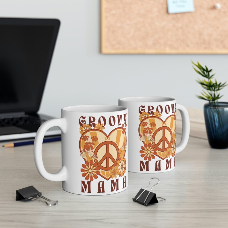 Groovy Mama Coffee Mug, Retro 1970s Coffee Cup, Hippie Mama Mother's Day Gift, Neutral Peace Sign Flower Power Coffee Mug for Trippy Mama image 4