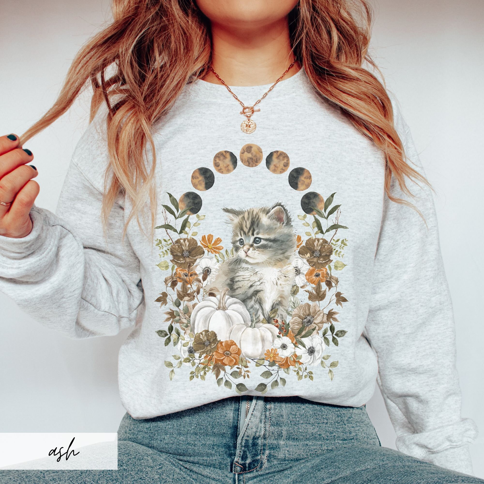 Painted Kitten in Fall Flowers Sweatshirt, Celestial