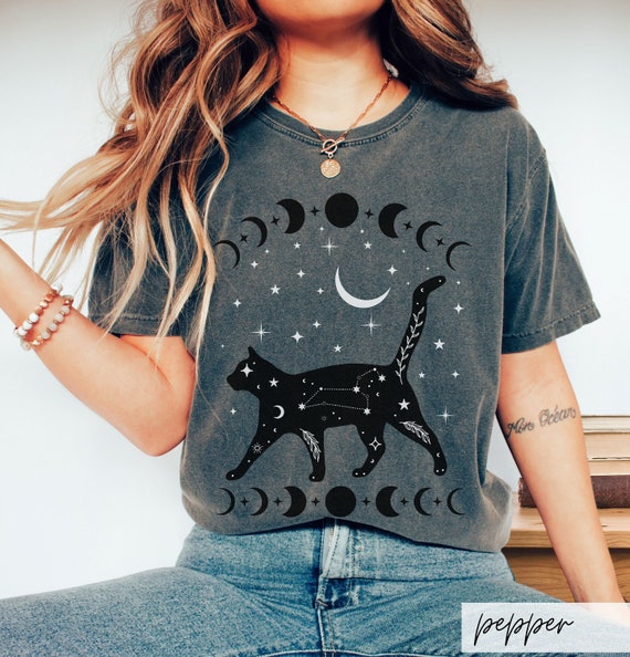 Comfort Colors Mystical Cat Shirt, Celestial Moon Phase