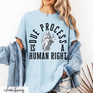 May include: Light blue t-shirt with a graphic of a woman holding scales of justice and a sword. The text "Due Process Is A Human Right" is printed in black.