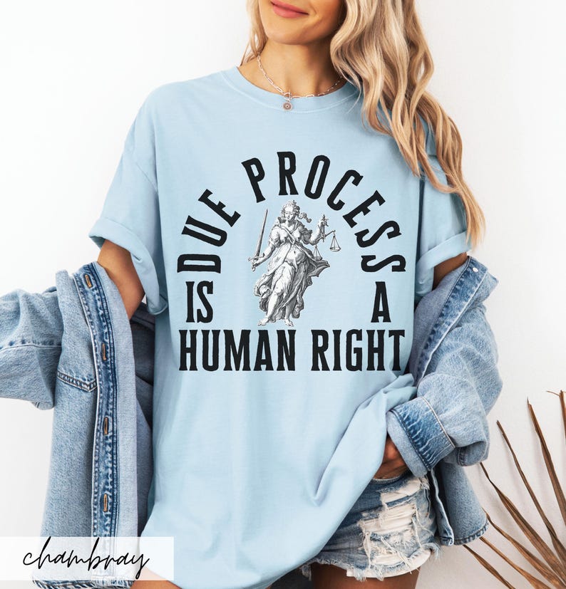 May include: Light blue t-shirt with a graphic of a woman holding scales of justice and a sword. The text "Due Process Is A Human Right" is printed in black.