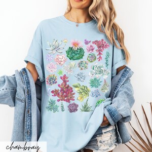 Puede incluir: Una camiseta azul claro con un estampado de suculentas coloridas. La camiseta presenta una variedad de suculentas en diferentes tonos de verde, rosa y rojo.