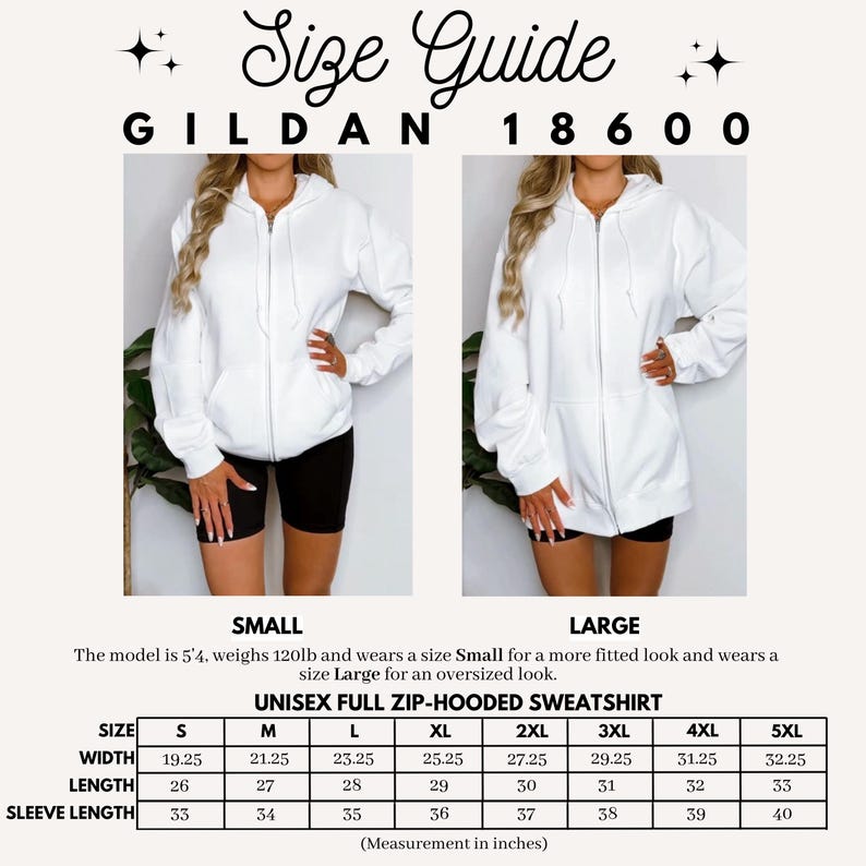 May include: White unisex full zip-hooded sweatshirt size guide. The image shows two models wearing the sweatshirt. The size chart includes measurements in inches for sizes S to 5XL. The text reads "Size Guide" and "GILDAN 18600".