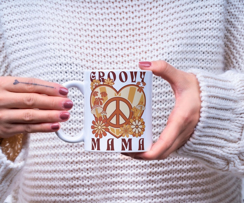 Groovy Mama Coffee Mug, Retro 1970s Coffee Cup, Hippie Mama Mother's Day Gift, Neutral Peace Sign Flower Power Coffee Mug for Trippy Mama image 1