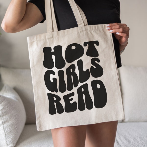 Hot Girls Read Wavy Retro Font Canvas Tote Bag, Bookish Tote Bag, Bookworm Gift, Bookcore Tote, Librarian Gift, Cute Book Lover Gift for Her