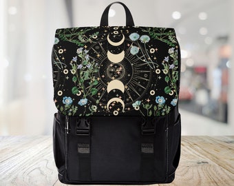 Celestial Floral Moon Phase Unisex Casual Shoulder Backpack, Witchy Whimsigoth Rucksack, Spooky Mystical Back to School Mystical Gift Idea