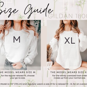 K&ouml;nnte beinhalten: Gr&ouml;&szlig;entabelle mit zwei Models in wei&szlig;en Sweatshirts, eines in Gr&ouml;&szlig;e M, das andere in XL. Der Text enth&auml;lt "Size Guide" und "GILDAN 18000". Der Leitfaden bietet Gr&ouml;&szlig;enempfehlungen f&uuml;r eine entspannte oder &uuml;bergro&szlig;e Passform. Das Model ist 178 cm gro&szlig;.