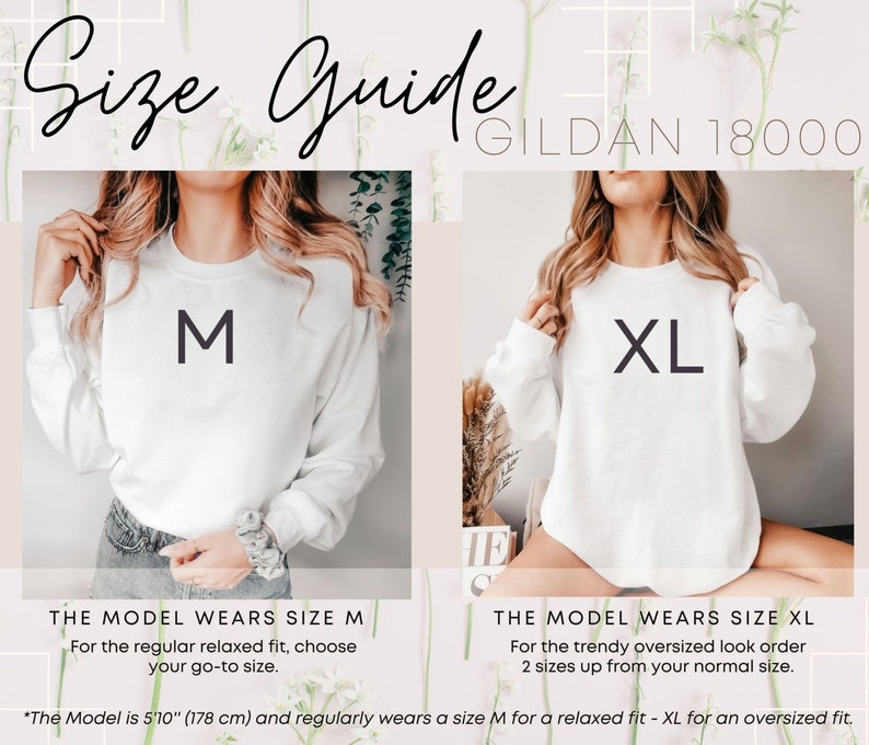 K&ouml;nnte beinhalten: Gr&ouml;&szlig;entabelle mit zwei Models in wei&szlig;en Sweatshirts, eines in Gr&ouml;&szlig;e M, das andere in XL. Der Text enth&auml;lt "Size Guide" und "GILDAN 18000". Der Leitfaden bietet Gr&ouml;&szlig;enempfehlungen f&uuml;r eine entspannte oder &uuml;bergro&szlig;e Passform. Das Model ist 178 cm gro&szlig;.