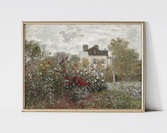 Rustic Spring Garden Wall Art - Vintage Country House Landscape with Red Roses, Cottage Decor Poster - Maple Vista Print