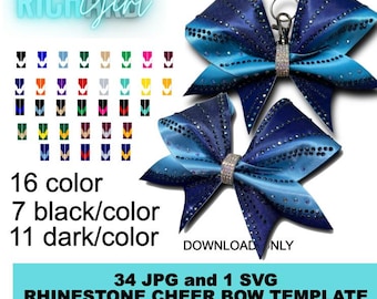 May include: A blue and teal cheer bow with rhinestones, designed for a keychain. The bow is made of satin ribbon and has a curved burst design. The image includes a color chart with 16 different color options for the bow.