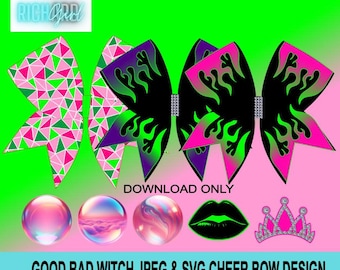 Könnte beinhalten: Drei Cheer-Schleifen mit verschiedenen Designs. Die erste Schleife ist pink und grün mit einem geometrischen Muster. Die zweite Schleife ist lila und grün mit einem schwarzen Flammenmuster. Die dritte Schleife ist pink und grün mit einem schwarzen Flammenmuster. Der Text "DOWNLOAD ONLY" befindet sich unter den Schleifen. Unter dem Text befinden sich drei schimmernde Murmeln, eine schwarze Lippe und eine rosafarbene Krone.