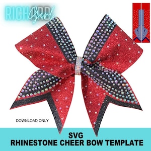 Puede incluir: Un lazo de animadora rojo brillante con detalles negros y pedrería. El lazo presenta una banda central de pedrería y está etiquetado como "SVG Rhinestone Cheer Bow Template". El texto "Download Only" también es visible.