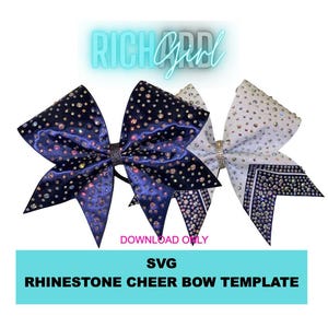 May include: Three rhinestone cheer bows in navy, white, and navy with a silver glitter centre. The bows are decorated with rhinestones. Text in the image reads "RICH GIRL" and "SVG RHINESTONE CHEER BOW TEMPLATE".