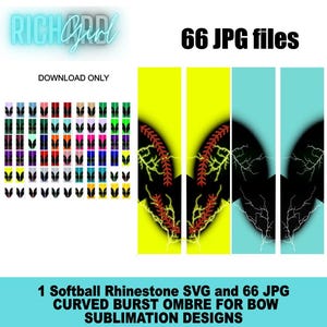 File per sublimazione di fiocchi da cheerleader con effetto sfumato e fulmine curvo – SVG con strass da softball (download digitale)