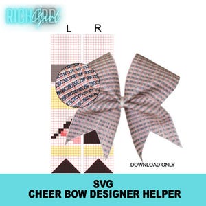 以下が含まれることがあります： ピンクとグレーのチェック柄のリボンが特徴の、チアリーディングリボンのデジタルデザイン。デザインには、カラーコードと「SVG CHEER BOW DESIGNER HELPER」と「DOWNLOAD ONLY」のテキストが記載されたグリッドレイアウトが含まれています。「RICH Girl」のロゴが上部にあります。
