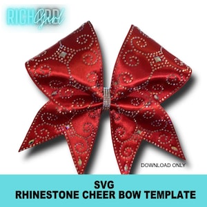 Könnte beinhalten: Eine leuchtend rote Cheerleader-Schleife mit Strasssteinen und Satin-Finish. Die Schleife hat ein funkelndes Strass-Design und eine silberne Strass-Mitte. Der Text auf dem Bild lautet "SVG Rhinestone Cheer Bow Template" und "Download Only".