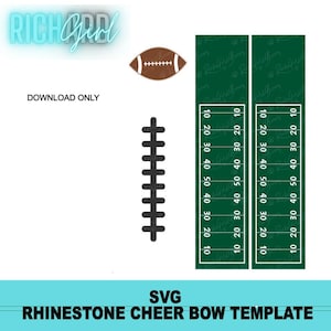 Könnte beinhalten: Eine digitale SVG-Cheer-Bow-Vorlage mit einer braunen Football-Grafik, einem schwarzen Schnürsenkel-Design und zwei grünen rechteckigen Streifen mit weißen Football-Feldmarkierungen. Der Text lautet RICH GIRL, DOWNLOAD ONLY und SVG RHINESTONE CHEER BOW TEMPLATE.