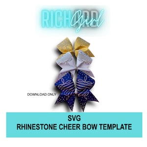 May include: Three cheer bows with rhinestone designs. The bows are in gold, white, and navy blue. The text "SVG RHINESTONE CHEER BOW TEMPLATE" is at the bottom of the image.