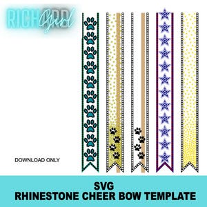 Op de afbeelding: SVG-sjabloon voor cheer bow met strass-steentjes met verschillende ontwerpen. De ontwerpen omvatten pootafdrukken, stippen, sterren en strepen in teal, goud, wit en paars. De tekst "RICH Girl" en "DOWNLOAD ONLY" is ook zichtbaar.