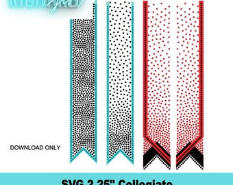 May include: A digital design for rhinestone cheer bows. The image shows three bow templates with dotted patterns in black, white, and red. Each bow has a colored border and a pointed bottom. Text includes "RICH Girl" and "SVG 2.25" Collegiate Rhinestone Cheer Bow Template."