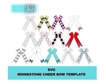 Op de afbeelding: Een set van 10 strass-cheerleader-strikvormen in verschillende kleuren en patronen, waaronder zwart-wit, rood-wit, roze-wit en blauw-wit. De sjablonen zijn ontworpen voor gebruik met strass en andere versieringen. SVG-sjabloon voor strass-cheerleader-strikken.