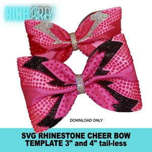 May include: Two pink rhinestone cheer bows with black accents and silver glitter details. The bows have a central rhinestone embellishment. Text at the bottom reads "SVG RHINESTONE CHEER BOW TEMPLATE 3" and 4" tail-less".