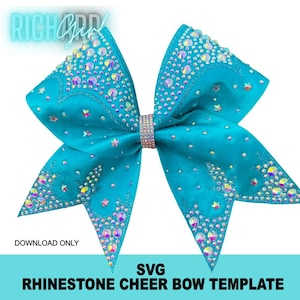 May include: A large, turquoise rhinestone cheer bow with a sparkling, jeweled centre. The bow is adorned with numerous iridescent rhinestones and star-shaped embellishments. Text at the bottom reads "SVG RHINESTONE CHEER BOW TEMPLATE".