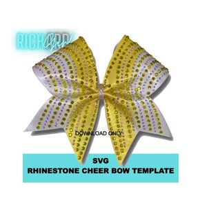 May include: A yellow and white cheer bow with rhinestones. The bow is decorated with a pattern of yellow and white stripes. The text "DOWNLOAD ONLY" and "SVG RHINESTONE CHEER BOW TEMPLATE" is visible on the image.