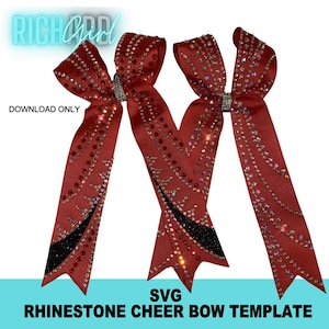 May include: Three red rhinestone cheer bows with black detailing and sparkling embellishments. The bows have a ribbon design and are decorated with rhinestones. The text "SVG RHINESTONE CHEER BOW TEMPLATE" is at the bottom.