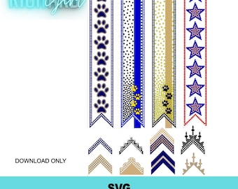 May include: A digital design file featuring four vertical cheer bow templates with rhinestone patterns including paw prints, polka dots, and stars, alongside eight chevron and crown-shaped accents. The text reads RICH GIRL, DOWNLOAD ONLY, and SVG RHINESTONE CHEER BOW TEMPLATE.