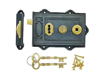 Antique  Brass And Steel Duel Handled Rim Door Lock  14 