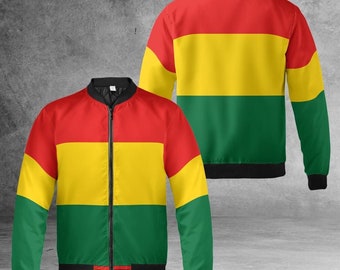 Rasta Jacket Rasta Stripe Bomber Jacket Unisex Reggae Coat Trendy Quilted Jacket Red Green Yellow Black Flag Flight Jacket Sizes up to 5XL