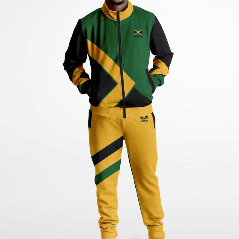 Men’s Slim Fit Jamaica Tracksuit – 2 Piece Zip Up Jacket & Joggers Set – Black, Olive, White main image 1