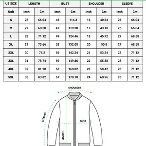 May include: Size chart for a unisex quilted bomber jacket. The chart shows measurements in inches and centimeters for the length, bust, shoulder, and sleeve of sizes S through 5XL.