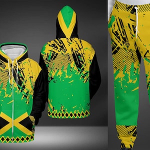 Jamaica Urban Hoodie Flag Hoodie Jamaica Sweatsuit Reggae Athletic Sweater Black Green Gold Jogger Set Jacket Top Size to 5XL Midweight
