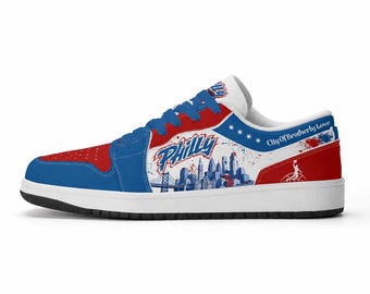 Schuhe für Fans des Philadelphia Basketballteams, Philly Low-Top-Sneaker für Damen und Herren, Schuhe mit Stadtstolz in Rot und Blau, Geschenke für Fans der Stadt der brüderlichen Liebe