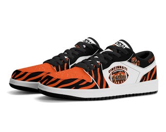 Cincinnati Football Team Schuhe für Damen und Herren, orange-schwarze Low-Top-Sneaker, Cincy Tiger Stripe Sneakers, Geschenkidee für Fans der Queen City Sports, Ohio