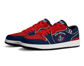 New England Footballschuhe, rot-weiß-blaue Low-Top-Sneaker für Damen und Herren, Boston Game Day Kicks, Geschenkidee für Foxborough-Fans, Footballschuhe