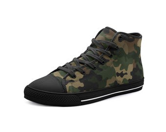 Camouflage High Top Sneakers Camo Canvas Streetwear Shoes for Men & Women Army Fatigue Military Green Clothing