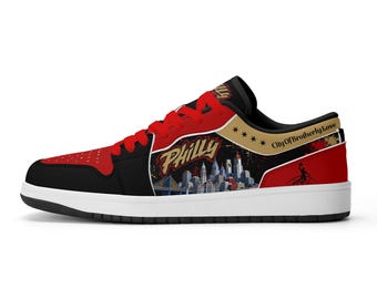 Schuhe für Fans des Philadelphia Basketballteams, Philly Low Top Sneakers für Damen und Herren, Schwarz-Rot-Blaue Schuhe mit Stadtstolz, Geschenkidee für Fans der brüderlichen Liebe