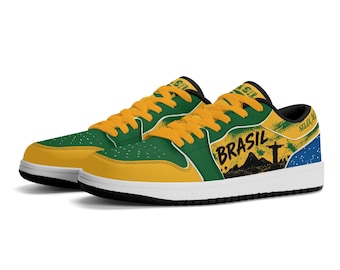 Zapatillas de fútbol de Brasil, zapatillas bajas con la bandera de Brasil para hombre y mujer, zapatillas para aficionados de la selección brasileña, regalo de fútbol mundial amarillo y verde, orgullo brasileño.