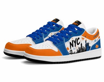 Zapatillas del equipo de baloncesto de Nueva York para hombre y mujer. Zapatillas deportivas New York Fan Team Basketball Champs, color azul, naranja, caña baja, blancas. Regalos de Nueva York.