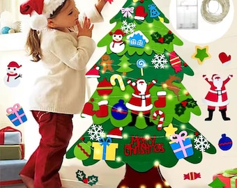 May include: A felt Christmas tree with various ornaments, including a snowman, Santa Claus, and gift boxes. The tree is decorated with string lights and the words "Merry Christmas". A child wearing a Santa hat is shown decorating the tree.