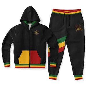 Rasta Tracksuit for Men and Women Lion Of Judah Sweatsuit Reggae Stripes Jacket Rastafari Hoodie Jogger Set Selassie Coat Size to 4XL Cotton