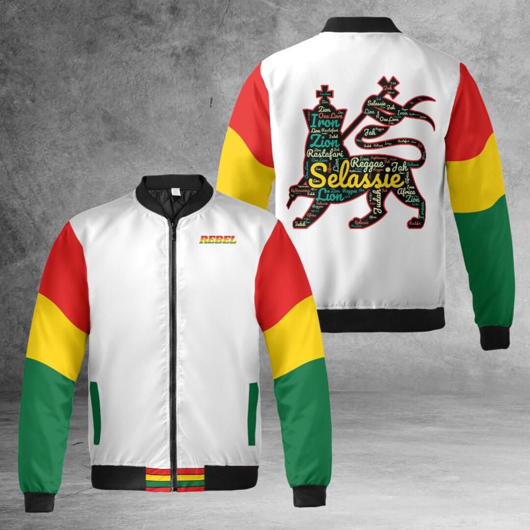 Rasta Jacket Stripe Bomber Jacket Black Lion of Judah Coat Jamaica