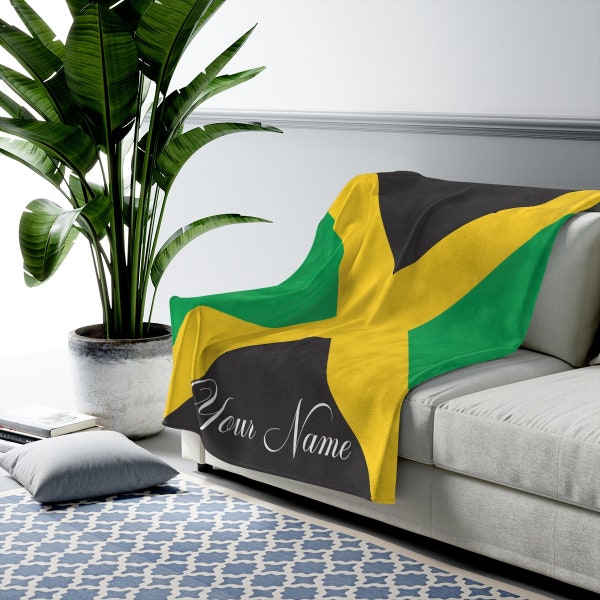 Personalized Jamaica Flag Plush Blanket | Jamaican Blanket | Jamaica Saying | Airbnb Decor | Jamaica Fleece Blanket | Custom Text | Comfy