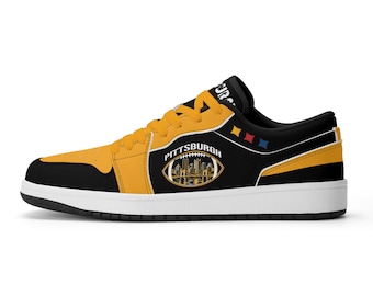 Pittsburgh Football Schuhe, Schwarze und goldene Fan-Sneaker für Damen und Herren, Steel City Spieltagsschuhe, Pennsylvania Football Geschenkidee, Fan-Sneaker