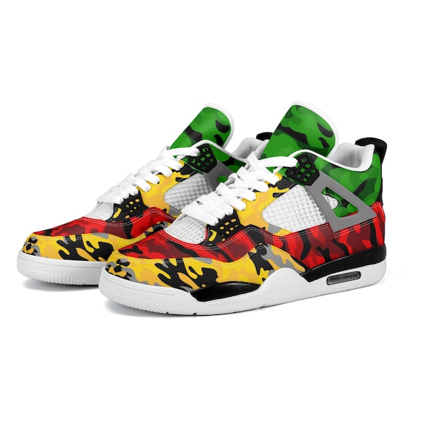 Zapatos Rasta Camo Zapatillas de baloncesto Zapatos de gimnasio coloridos Zapatos de reggae jamaicanos Colores del ejército Jamaica Street Kicks Zapatillas Rasta unisex personalizadas