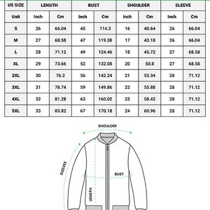 May include: Size chart for a unisex quilted bomber jacket. The chart shows measurements in inches and centimeters for the length, bust, shoulder, and sleeve of sizes S through 5XL.
