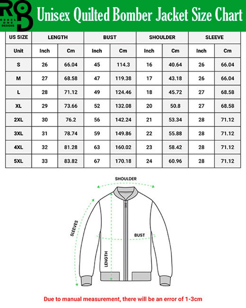 May include: Size chart for a unisex quilted bomber jacket. The chart shows measurements in inches and centimeters for the length, bust, shoulder, and sleeve of sizes S through 5XL.
